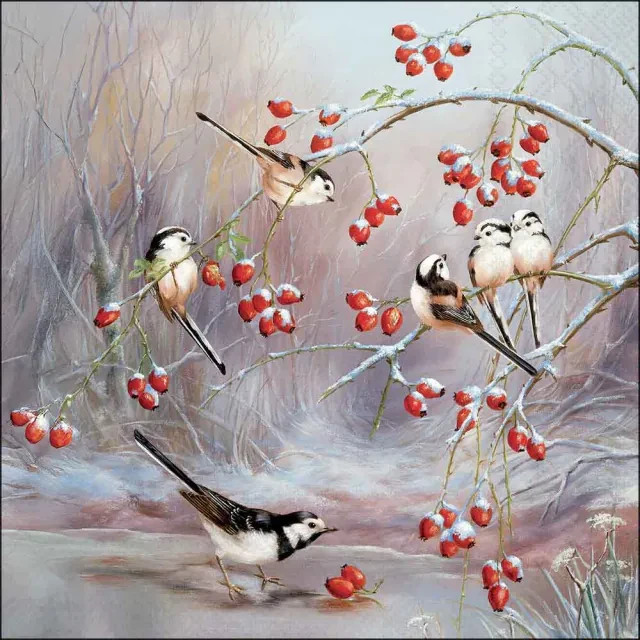 4 x Paper Napkins/33cm/3Ply/Decoupage/Christmas/Birds/Tits/Berries/Winter Feast