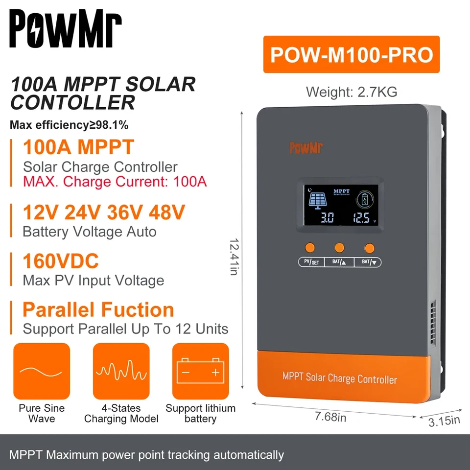 Controlador de carga de panel de batería solar 100A MPPT 12V/24V/36V/48V paralelo automático 12 Foto 2 de 4
