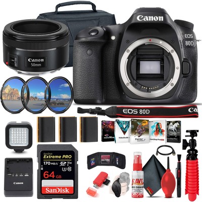 Canon EOS 80D DSLR Camera (Body Only) (1263C004) + EF 50mm Lens + 64GB + More