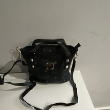 MCM Women  s Small Black Studded Satchel Top Handle Crossbody, Zip, Gold HW