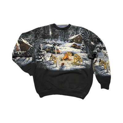 Vintage 90s AUS Cabin Scenic Sweatshirt USA  Winter Deer Campfire Nature