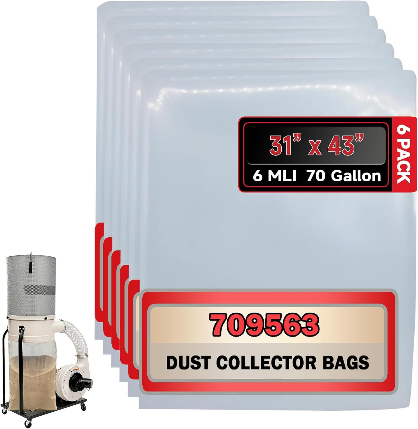 Heavy-Duty Clear Dust Collection Bags for JET DC-1100VX/DC-1200VX (6 Pack)