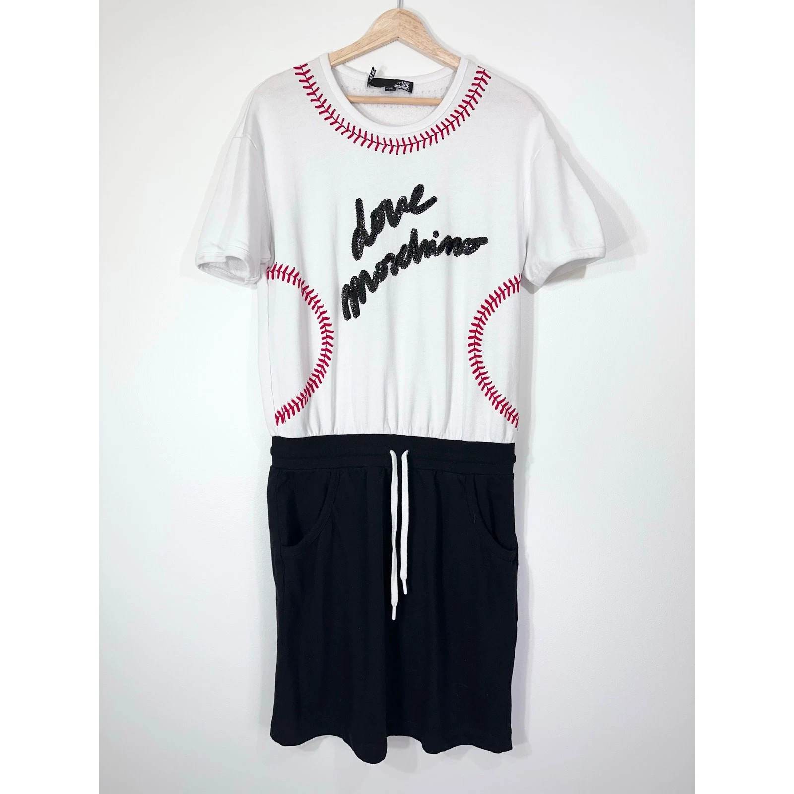 RARO Love Moschino Abito da Baseball Mini Novità Paillettes Nero Bianco TG 10