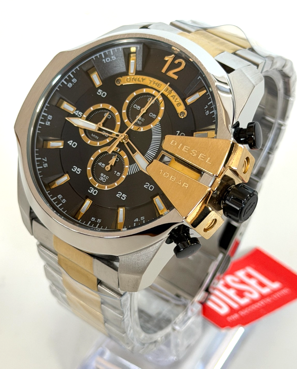 DIESEL DZ4581 Mega Chief Silver/Gold-Tone Chronograph Watch BNWT