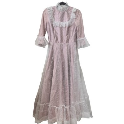 Mauve Pink Satin Point D'esprit Tulle Lace Maxi Dress Size 4 prairie