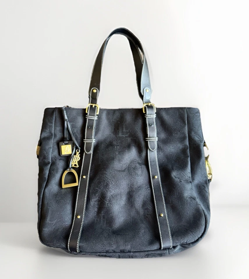 Винтажная холщовая и кожаная сумка-тоут Ralph Lauren с тисненным логотипом черно-золотистая - Изображение 2 из 4