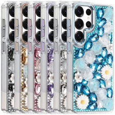 For Galaxy S25 S24 S23 Plus Ultra Case Full Bling Stones Glitter HQ Floral Cover