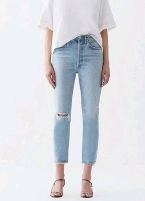 Agolde Riley High Rise Straight Crop Denim Jeans Distressed Button Fly Size 26