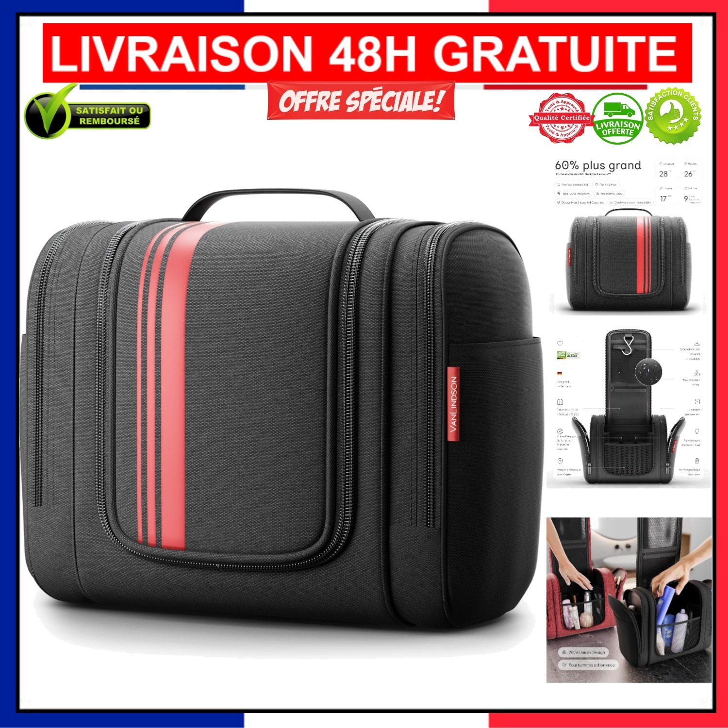 Trousse de toilette 9L grand format en toile Oxford gris anthracite pour homme et femme