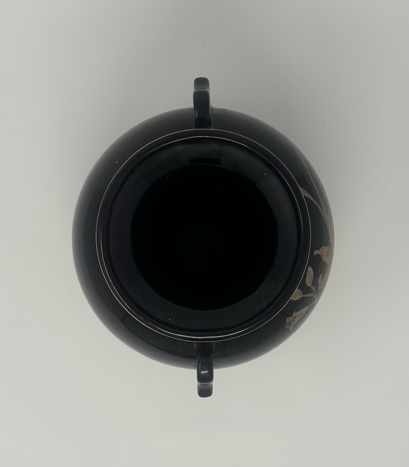 Ornate Black Japanese Vase with Floral Detailing and Gold Accents