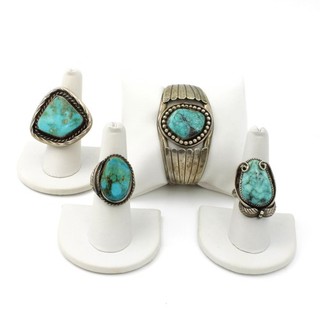 Southwest Sterling Silver Turquoise Rings & Cuff Bracelet Lot of 4 #S4575 2