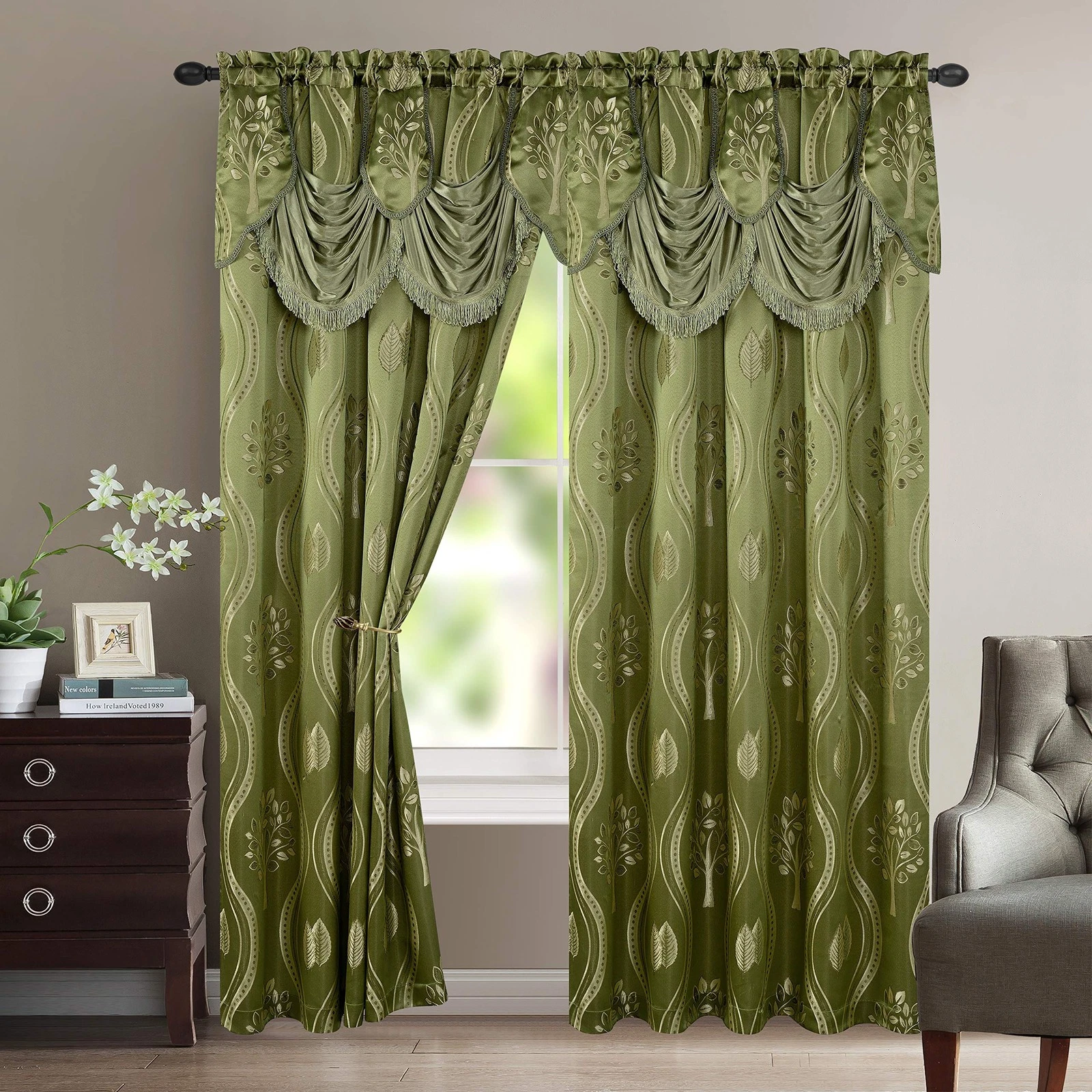 Aurora Jacquard Look Curtain Panel Set Attached Valance 54" X 84 inch Set of 2