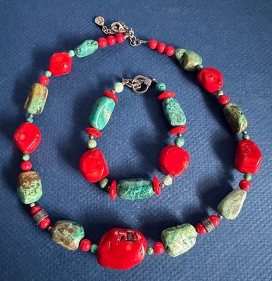 Chunky Barse Sterling Red Coral Turquoise Necklace 19  with Toggle Bracelet 8''