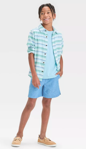 Boys' Long Sleeve Button-Down Shirt -Cat & Jack Collared Chest Patch Pocket Blue