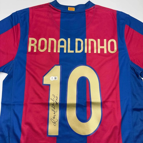 Autographed/Signed Ronaldinho Barcelona Blue/Red Soccer Jersey Beckett BAS COA - Picture 2 of 4