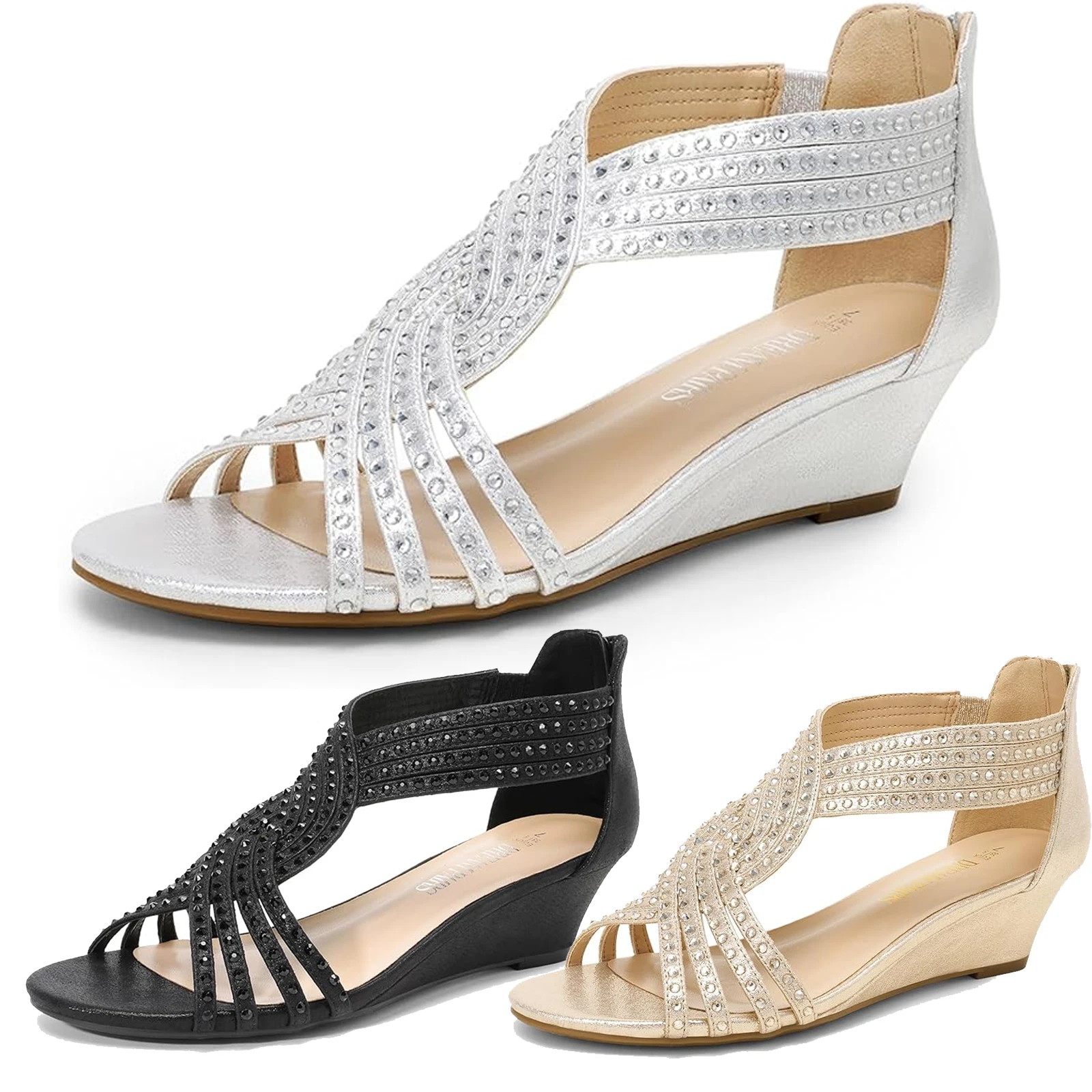 Women Low Wedge Heel Open Toe Back Zipper Rhinestone Dress Wedge Sandals