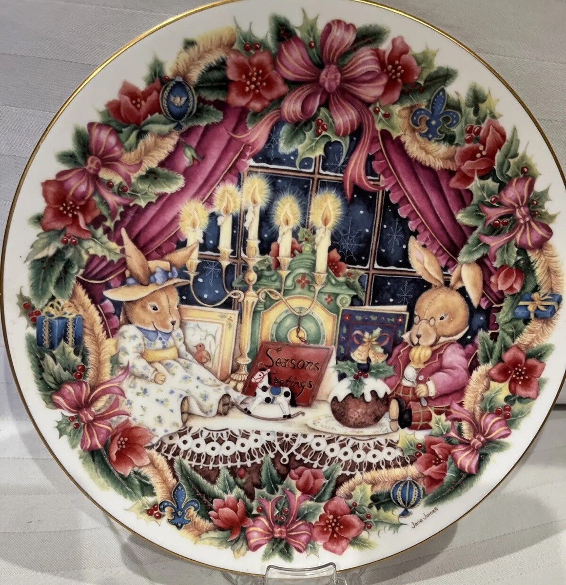 ROYAL DOULTON 1995 Seasons Greeting Bunnykins Jane James Christmas 