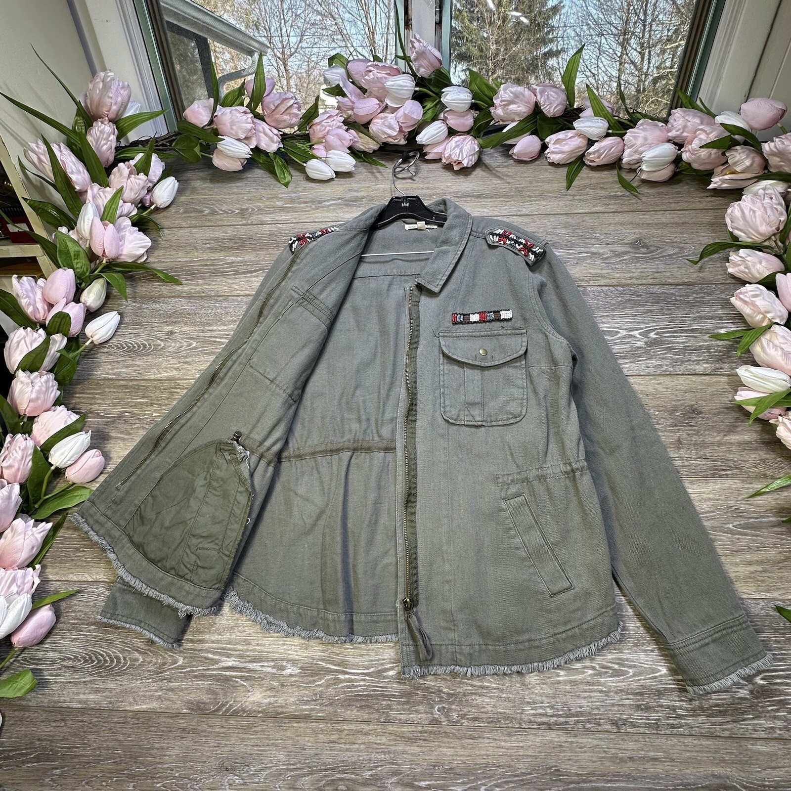 Indigo Thread Jacket Size Large Green Beaded Zip … - image 4