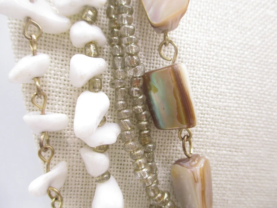 Glass Abalone Shell Statement Bib Necklace Seed Beads 0017 - Image 3 of 4