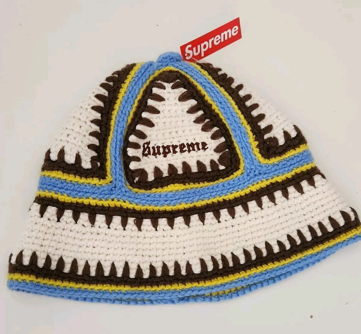 SS23 Supreme Crochet Edge Bell Beanie chapeau naturel crocheté main blanc bleu S/M