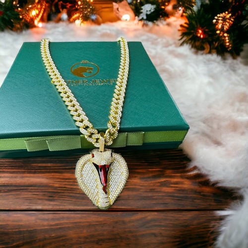 Iced Out Gold Plated Alloy Cuban Chain- Brass Snake Cobra Gold Plated Pendant - Picture 9 of 9