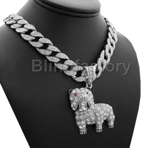 Silver Plated Bull Dog Pendant 18" Iced Cuban Cubic Zirconia Iced Chain Necklace - Picture 1 of 10
