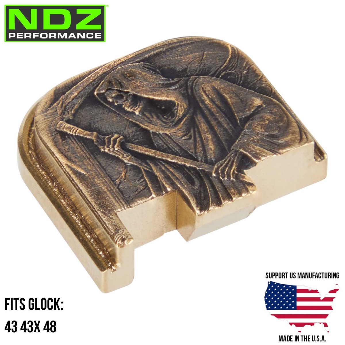 NDZ Brass Glock 43 43X 48 3D Engraved Grim Reaper Slide Cover Back