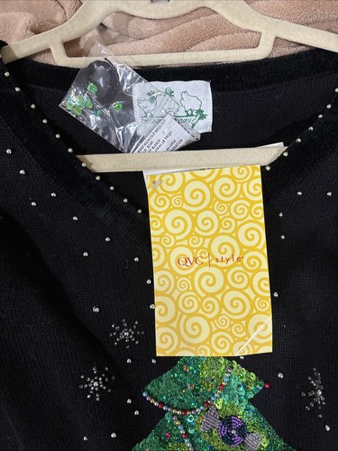 Vintage Quacker Factory Knit Christmas Tree Sweater Black Beaded V-neck Sz.2 NWT - Picture 20 of 23