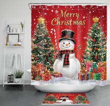 Green Xmas Tree Red Christmas Snowman Shower Curtain Bathroom Accessories Set