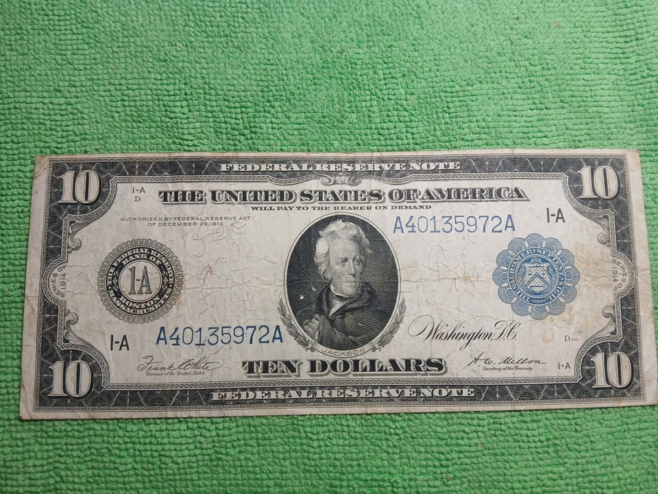 Fr.907a 1914 $10 Federal Reserve Note Boston  White/Mellon Large Note - Image 2 of 4