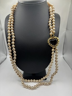 30in Faux Pearl Double-Strand Beaded Necklace Interchangeable Heart Magnetic