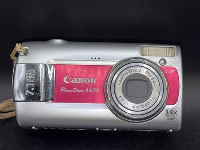 WORKS! CANON POWERSHOT A470 7.1 MP 3.4X OPTICAL ZOOM DIGITAL CAMERA SILVER & RED
