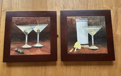 Hanging Wall Art Cocktail Dry Martini Tile in Dark Wood Frame 8in x8in Trivet