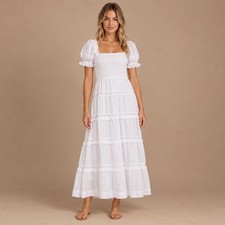 ASTR The Label Orla White Cotton Square Neck Smocked Tiered Lace Dress Small