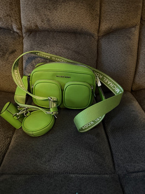 Michael Kors Green Crossbody Bag Logo Strap Zip Closure Coin Purse Silver