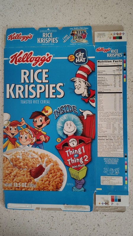 Vintage Food Packaging RICE KRISPIES CEREAL BOX Cat In The Hat 2003 Thing 1 & 2