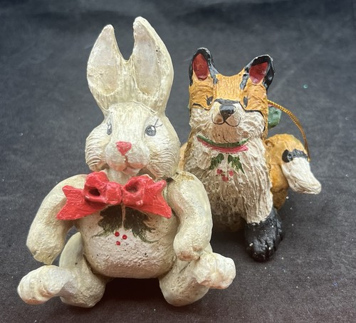 2 adornos navideños vintage House of Hatten Fox Bunny Rabbit Snow Meadow 1992