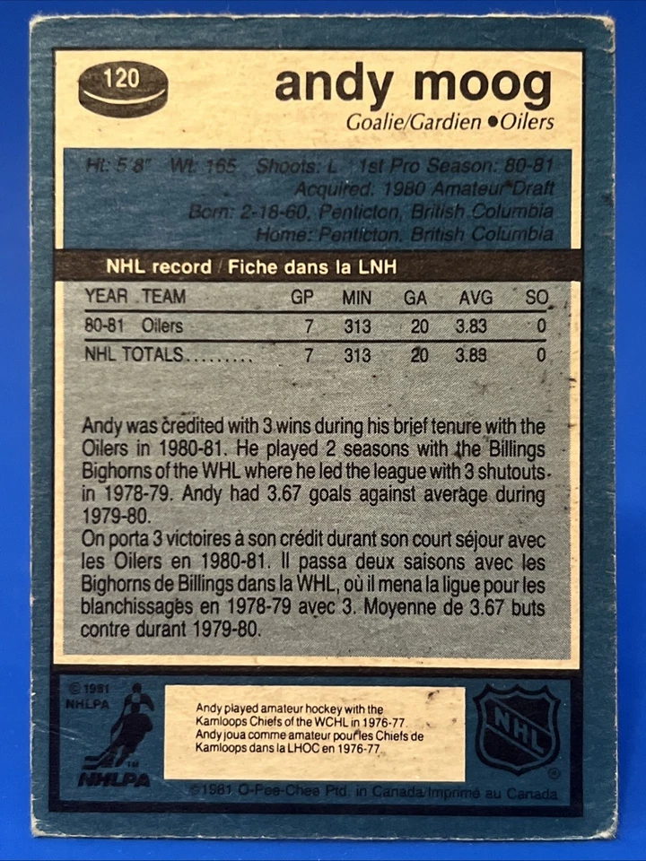 1981-82 O-Pee-Chee Andy Moog Rookie Card #120 Edmonton Oilers RC Creases - Image 2 of 4
