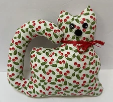 Handmade Fabric Cat Pillow Reading Buddy Stuffed Plush Cherries Button Eyes