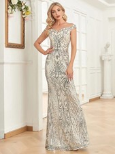 V Neck Silver Sequins Evening Dresses Women Sleeveless Party Maxi Mermaid Dress