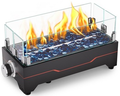 15'' Portable Propane Fire Pit Table - 30000 BTU, Glass Wind Guard, Fire Glass, I
