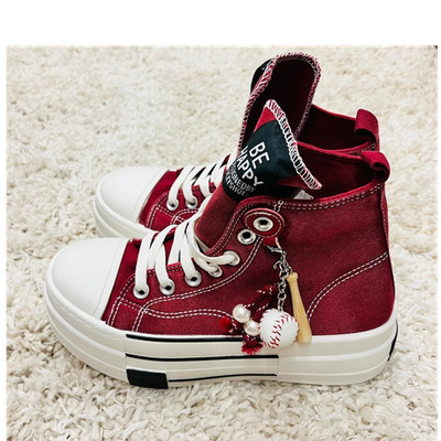 Luckyshoes  High Top Sneaker Canvas rot weiß mit Baseball-Anhänger Gr. 38