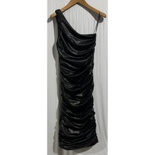 Forever 21 Black Faux Leather Ruched One Shoulder Bodycon Mini Dress Large