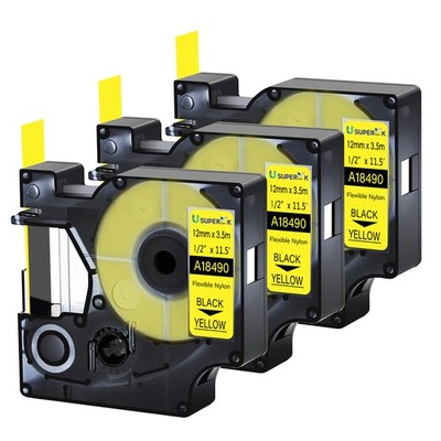 3P 18490 Black on Yellow Flexible Nylon Label Tape For DYMO Rhino 4200 5200 12mm