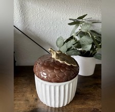 Ceramic Acorn Jar With Brown Lid And Gold Leaf Accent
