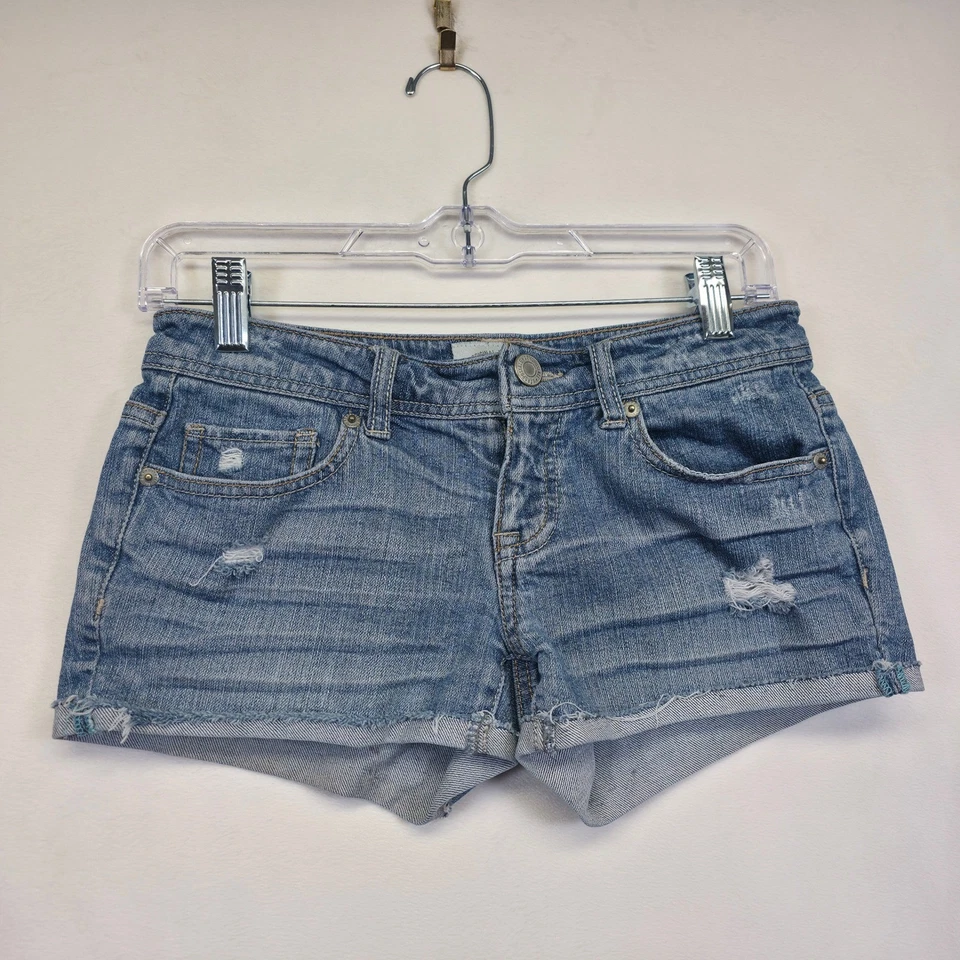 Aeropostale Micro Mini Shorts Women 2 Blue Distressed Denim Low Rise Y2K Classic - Image 2 of 4