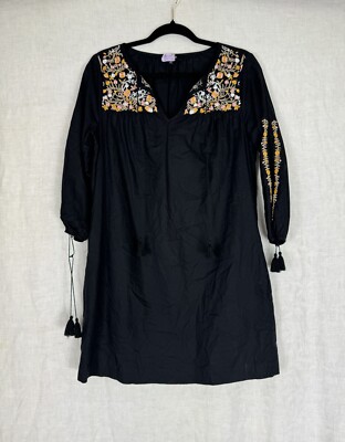 madewell black embroidered dress Madewell Size XS Black & Purple Cotton Short Sleeve Embroidered Flowers  Dress