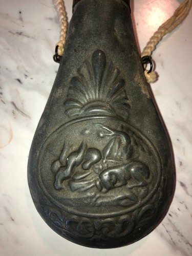 Antique 1800's Black Powder Horn Zinc & Brass Embossed w/ Strap Hunting Military - Picture 2 of 6