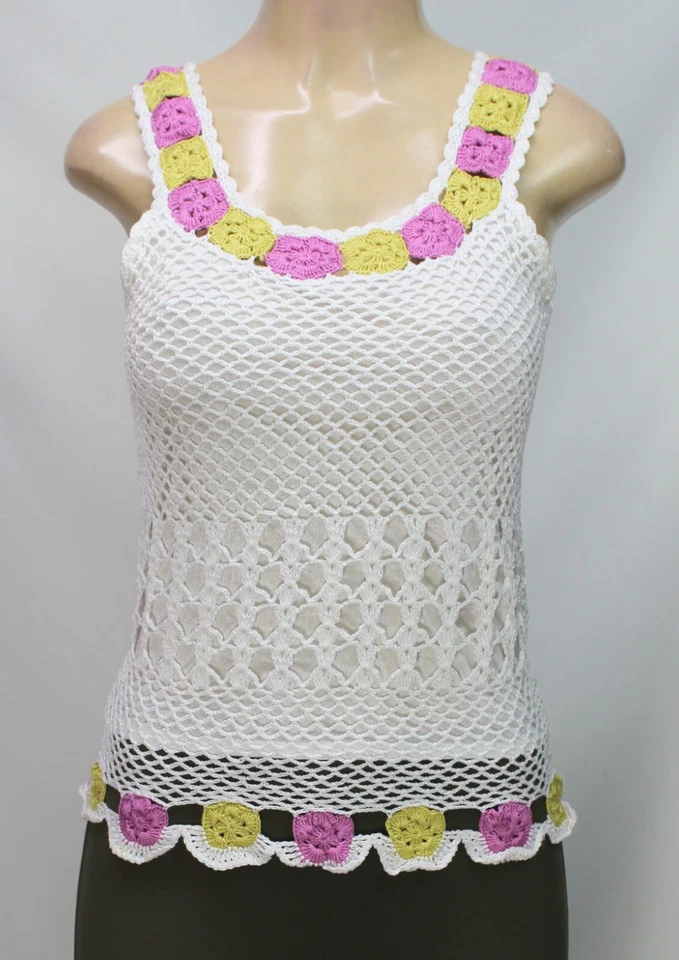 Kroshetta by Papillon Hand Made Knitted Crochet Tank Top Sleeveless White Size M - Image 4 of 4