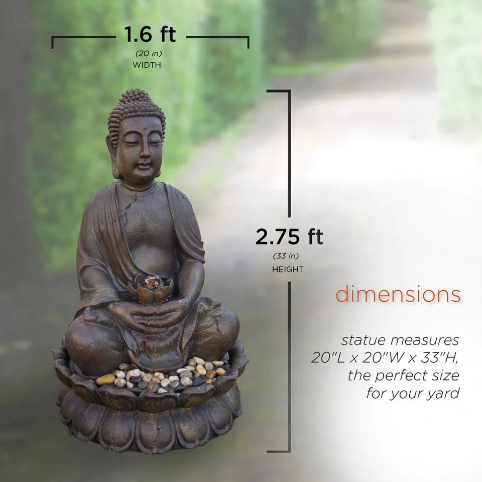33 in. Tall Indoor/Outdoor Meditating Buddha Water Fountain Yard Decor Polystone - Image 4 of 4